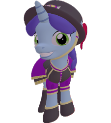 Size: 651x720 | Tagged: safe, artist:topsangtheman, spring rain, pony, unicorn, g4, 3d, clothes, female, grin, hat, looking at you, simple background, smiling, solo, source filmmaker, staring into your soul, transparent background, uniform