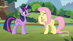 Size: 496x279 | Tagged: safe, screencap, fluttershy, twilight sparkle, alicorn, pony, g4, memnagerie, my little pony: friendship is forever, duo, eyes closed, hoof on face, twilight sparkle (alicorn)