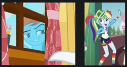 Size: 398x211 | Tagged: safe, screencap, rainbow dash, equestria girls, g4, the washouts (episode), clothes, clubhouse, crusaders clubhouse, double rainbow, faic, google images, rainbow socks, smug, smugdash, socks, striped socks