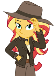 Size: 1024x1415 | Tagged: safe, artist:emeraldblast63, sunset shimmer, equestria girls, g4, adventurer, archaeology, clothes, clothes swap, cosplay, costume, crossover, fedora, female, hat, indiana jones, simple background, solo, transparent background