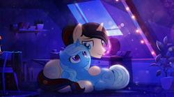 Size: 5000x2773 | Tagged: source needed, safe, artist:rish--loo, oc, oc only, oc:eternal light, alicorn, pony, unicorn, alicorn oc, bed, bedroom, blue eyes, book, carpet, chair, cuddling, detailed background, dresser, female, holding, horn, lights, looking at each other, makeup, male, mare, mirror, on floor, pillow, plant, plant pot, ponytail, purple eyes, shelf, smiling, stallion, tree, two toned mane, two toned tail, unicorn oc, wings