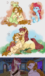 Size: 1200x2000 | Tagged: safe, artist:bunnari, apple bloom, applejack, big macintosh, bright mac, cup cake, granny smith, pear butter, earth pony, pony, g4, apple family, baby macintosh, beard, body freckles, chiffon swirl, colt, colt big macintosh, crying, ear piercing, earring, eye contact, facial hair, female, floppy ears, freckles, implied applejack, jewelry, looking at each other, male, mare, piercing, pregnant, ship:brightbutter, shipping, stallion, straight, tears of joy, unshorn fetlocks, young granny smith, younger