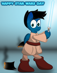 Size: 2582x3300 | Tagged: safe, artist:agkandphotomaker2000, oc, oc:pony video maker, pegasus, pony, bipedal, boots, chopped up flank, drawing, high res, lightsaber, may the fourth be with you, robes, shocked expression, shoes, smoke, star wars, sweat, weapon