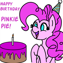 Size: 1000x1000 | Tagged: safe, artist:legendoflink, pinkie pie, pony, g4, birthday, cake, cute, diapinkes, female, food, happy, hat, open mouth, party hat, pinkie pie's birthday, simple background, solo, text, transparent background
