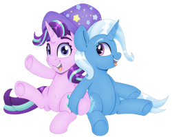 Size: 4096x3260 | Tagged: safe, artist:partypievt, starlight glimmer, trixie, pony, unicorn, g4, back to back, belly button, clothes, couple, cute, diatrixes, duo, female, hat, high res, lesbian, looking at you, simple background, sitting, starlight wearing trixie's hat, transparent background, trixie's hat, wingding eyes
