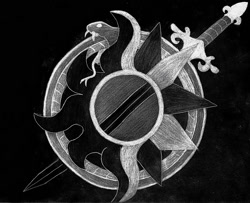 Size: 1557x1267 | Tagged: safe, artist:abstracted_vhs, sunset shimmer, twilight sparkle, equestria girls, equestria girls specials, g4, mirror magic, black and white, cutie mark, grayscale, inverted, journal, monochrome, ouroboros, pencil drawing, sword, traditional art, weapon