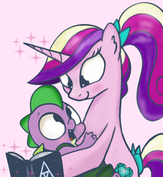 Size: 780x848 | Tagged: safe, artist:mamatwilightsparkle, princess cadance, spike, alicorn, draconequus, dragon, pony, unicorn, tumblr:mama twilight sparkle, g4, baby, baby dragon, baby spike, book, bow, clothes, duo, female, filly, foal, male, overalls, tail, tail bow, teen princess cadance, tumblr, younger