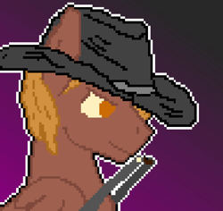 Size: 815x768 | Tagged: safe, artist:theprodigyman, oc, oc only, oc:calamity, pegasus, pony, fallout equestria, battle saddle, cowboy hat, dark background, dashite, fallout, fanfic, fanfic art, folded wings, gradient background, gun, hat, male, no pupils, pixel art, rifle, smiling, smirk, solo, stallion, weapon, wings