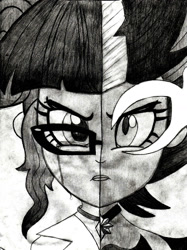 Size: 1275x1707 | Tagged: safe, artist:abstracted_vhs, artist:wubcakeva, sci-twi, twilight sparkle, equestria girls, g4, alternate universe, audio drama, black and white, crying, duality, grayscale, midnight sparkle, monochrome, pencil drawing, sad, split screen, traditional art, two sides