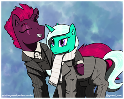 Size: 1750x1400 | Tagged: safe, artist:guard-mod, glitter drops, tempest shadow, pony, unicorn, g4, clothes, duo, hug, necktie, scarf, simple background, smiling, suit, three piece suit, vest