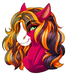 Size: 1662x1830 | Tagged: safe, artist:inkumiester, oc, oc only, oc:red baroness, earth pony, pony, blaze (coat marking), bust, coat markings, eyebrows, eyebrows visible through hair, facial markings, female, gift art, looking at you, mare, offspring, parent:big macintosh, parent:coloratura, parents:raramac, simple background, solo, transparent background