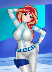 Size: 1417x1962 | Tagged: safe, artist:anonix123, sunset shimmer, human, equestria girls, g4, armpits, battle suit, bodysuit, breasts, busty sunset shimmer, clothes, cosplay, costume, crossover, disney, female, humanized, kim possible, looking at you, pose, solo