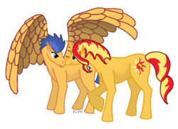 Size: 1108x800 | Tagged: safe, artist:flittingerman, flash sentry, sunset shimmer, pegasus, pony, unicorn, g4, female, male, mare, ship:flashimmer, shipping, signature, simple background, spread wings, stallion, straight, white background, wings