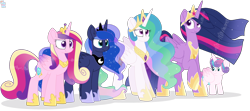 Size: 3500x1560 | Tagged: safe, artist:rainbow eevee, princess cadance, princess celestia, princess flurry heart, princess luna, twilight sparkle, alicorn, pony, g4, the last problem, baby, baby pony, crown, diaper, female, filly, foal, folded wings, grin, jewelry, lidded eyes, mare, older, older twilight, older twilight sparkle (alicorn), princess twilight 2.0, raised hoof, regalia, simple background, size comparison, size difference, smiling, smirk, transparent background, twilight sparkle (alicorn), wings