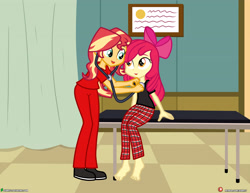 Size: 4000x3090 | Tagged: safe, artist:dieart77, apple bloom, sunset shimmer, equestria girls, g4, apple bloom's bow, barefoot, bow, clothes, commission, doctor's office, duo, feet, hair bow, nurse, nurse shimmer, open mouth, pants, scrubs (gear), shoes, sitting, stethoscope, table