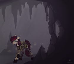 Size: 1105x957 | Tagged: safe, artist:beissende_fliege, oc, oc only, oc:appleale, earth pony, pony, fallout equestria, boots, cave, cave exploring, clothes, female, gear, leggings, mare, shoes, spelunking, two toned mane, uniform