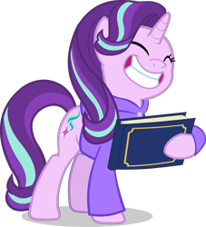 Size: 4588x5059 | Tagged: safe, artist:mrvector, derpibooru exclusive, edit, starlight glimmer, pony, unicorn, g4, memnagerie, spoiler:memnagerie, spoiler:mlp friendship is forever, absurd resolution, book, clothes, cropped, cute, eyes closed, female, glimmerbetes, hoodie, mare, simple background, smiling, solo, transparent background, vector