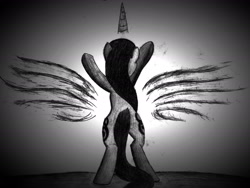 Size: 1651x1239 | Tagged: safe, artist:abstracted_vhs, octavia melody, alicorn, earth pony, pony, g4, against wall, aspiration, behind, fake horn, fake wings, female, grayscale, monochrome, pencil drawing, solo, spread wings, standing, traditional art, wings