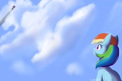 Size: 3600x2400 | Tagged: safe, artist:sakukitty, rainbow dash, spitfire, pegasus, pony, g4, clothes, cloud, female, flying, high res, looking up, mare, sitting, sky, smiling, solo focus, spread wings, trail, uniform, wings, wonderbolts uniform