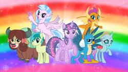 Size: 5360x3008 | Tagged: safe, artist:andoanimalia, gallus, ocellus, sandbar, silverstream, smolder, twilight sparkle, yona, changedling, changeling, classical hippogriff, dragon, earth pony, griffon, hippogriff, pony, yak, g4, bow, cloven hooves, colored hooves, cute, diaocelles, diastreamies, dragoness, female, flying, gallabetes, hair bow, jewelry, male, monkey swings, necklace, rainbow, sandabetes, smolderbetes, sparkles, student six, teenager, treelight sparkle, yonadorable