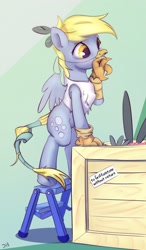 Size: 1608x2751 | Tagged: safe, artist:drafthoof, derpy hooves, gabby, griffon, pegasus, pony, g4, bipedal, box, clothes, costume, disguise, female, griffon costume, mare, simple background, solo focus, species swap, tail wrap