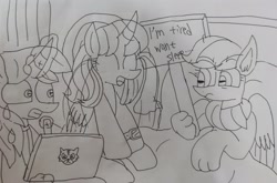 Size: 3121x2060 | Tagged: safe, artist:徐詩珮, oc, oc only, oc:ej, oc:hsu amity, oc:rainbow eevee, alicorn, eevee, pony, angry, crying, eyes closed, gritted teeth, high res, monochrome, open mouth, pokémon, tired, traditional art, trio, unamused