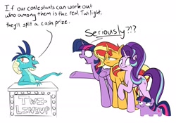 Size: 2000x1400 | Tagged: safe, artist:rocket-lawnchair, princess ember, starlight glimmer, sunset shimmer, twilight sparkle, alicorn, dragon, pony, unicorn, g4, angry, breaking the fourth wall, contest, counterparts, dragoness, ember is a goddamn moron, exclamation point, female, frown, game show, interrobang, lidded eyes, mare, moments before disaster, nervous, question mark, raised hoof, simple background, smiling, speciesism, squatpony, sunset shimmer is not amused, twiggie, twilight sparkle (alicorn), twilight's counterparts, unamused, underhoof, white background, worried