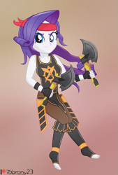 Size: 2213x3277 | Tagged: safe, artist:tabrony23, rarity, equestria girls, g4, axe, bandana, commission, dual wield, feet, female, high res, patreon, patreon logo, show accurate, solo, weapon