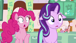 Size: 1920x1080 | Tagged: safe, screencap, pinkie pie, starlight glimmer, earth pony, pony, unicorn, g4, no second prances, duo, female, floppy ears, mare, open mouth, shrunken pupils