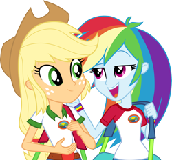 Size: 3232x3000 | Tagged: safe, artist:cloudy glow, applejack, rainbow dash, equestria girls, g4, my little pony equestria girls: legend of everfree, camp everfree outfits, capri pants, clothes, duo, female, freckles, high res, open mouth, shirt, shorts, shoulder bag, sibling love, simple background, sisterly love, smiling, stetson, t-shirt, transparent background, vector