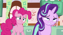 Size: 1920x1080 | Tagged: safe, screencap, pinkie pie, starlight glimmer, earth pony, pony, unicorn, g4, no second prances, season 6, cute, duo, faic, female, floppy ears, glimmerbetes, lidded eyes, lip bite, mare, out of context, starlight glimmer is best facemaker, sugarcube corner, unf