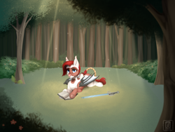 Size: 4724x3543 | Tagged: safe, artist:buvanybu, oc, oc only, oc:gisarme peculiar, bat pony, pony, book, commission, female, forest, looking at you, mare, prone, skewbald, solo, sword, tail wrap, weapon, ych result