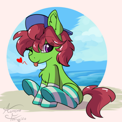 Size: 2000x2000 | Tagged: safe, artist:aurorafang, oc, oc only, oc:southpaw haymaker, earth pony, pony, :p, backwards ballcap, baseball cap, beach, cap, chest fluff, clothes, cute, earth pony oc, hat, high res, socks, solo, striped socks, tongue out
