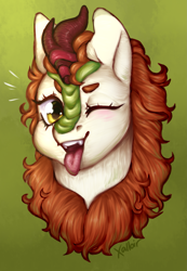 Size: 1565x2264 | Tagged: safe, artist:xalloir, autumn blaze, kirin, g4, female, one eye closed, open mouth, solo, tongue out, wink
