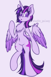 Size: 1000x1500 | Tagged: safe, artist:shad0w-galaxy, twilight sparkle, alicorn, pony, g4, belly button, bipedal, chest fluff, female, mare, open mouth, simple background, spread wings, text, twilight sparkle (alicorn), wings