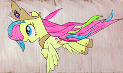 Size: 1200x717 | Tagged: safe, artist:aquilateagle, fluttershy, pegasus, pony, g4, cosplay, costume, crown, fake horn, female, flying, happy, jewelry, mare, open mouth, painting, profile, regalia, shylestia, solo, spread wings, traditional art, wings