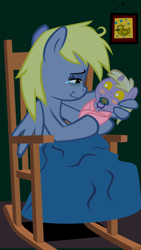 Size: 900x1600 | Tagged: safe, artist:magerblutooth, derpy hooves, dinky hooves, bird, duck, pegasus, pony, unicorn, g4, baby, baby dinky hooves, baby pony, bags under eyes, blanket, born, crying, cute, derpabetes, dinkabetes, equestria's best daughter, equestria's best mother, exhausted, female, food, messy mane, mother and child, mother and daughter, muffin, pacifier, picture frame, rocking chair, sleepy, smiling, swaddling, tears of joy, wing hands, wings, wrapped up