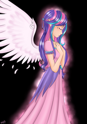 Size: 2039x2894 | Tagged: safe, artist:mdeltar, princess flurry heart, human, g4, adult, black background, clothes, dress, elf ears, feather, female, high res, humanized, older, older flurry heart, simple background, solo, spread wings, winged humanization, wings
