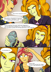 Size: 4961x7016 | Tagged: safe, artist:symptom99, adagio dazzle, sunset shimmer, comic:sunset's dilemma with adagio, equestria girls, equestria girls series, g4, bedroom eyes, comic, commission, confused, contemplating, conversation, duo, female, grin, implications, implied infidelity, lidded eyes, looking at each other, looking away, magical artifact, memory stone, music festival outfit, narrowed eyes, open mouth, propositioning, shoes, smiling, smirk, speech bubble, talking, teeth, thinking, unsure