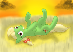 Size: 2105x1488 | Tagged: safe, artist:eels, apple munchies, earth pony, pony, g4, apple family member, embarrassed, evening, female, hay, looking at you, mare, on back, smiling, smiling at you, solo