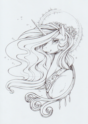 Size: 886x1249 | Tagged: safe, artist:longinius, princess celestia, alicorn, pony, g4, blushing, bust, female, flower, flower in hair, grayscale, halo, jewelry, lineart, mare, monochrome, pencil drawing, portrait, regalia, simple background, traditional art, white background