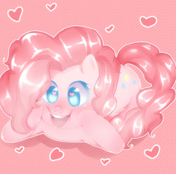 Size: 876x865 | Tagged: safe, artist:poncaruu, pinkie pie, earth pony, pony, g4, colored pupils, cute, diapinkes, female, heart, heart eyes, mare, open mouth, pink background, prone, simple background, solo, wingding eyes