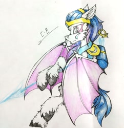 Size: 2448x2528 | Tagged: safe, artist:creature.exist, oc, oc only, bat pony, pony, bat pony oc, bat wings, golden armor, hairband, high res, solo, traditional art, wings