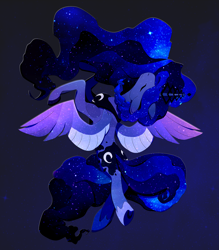 Size: 2291x2618 | Tagged: safe, artist:dragonfirefangs, princess luna, alicorn, pony, g4, both cutie marks, ethereal mane, eyes closed, female, high res, magic, magic aura, mare, solo, spread wings, starry mane, two toned wings, wings