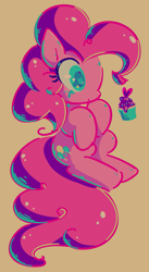 Size: 1061x1941 | Tagged: safe, artist:nancybigots, artist:optimumalfred, pinkie pie, earth pony, pony, g4, crying, cupcake, female, food, heart eyes, hooves to the chest, limited palette, mare, solo, tan background, tears of joy, teary eyes, wingding eyes