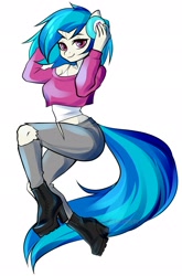 Size: 1348x2048 | Tagged: safe, artist:yutakira92, dj pon-3, vinyl scratch, anthro, plantigrade anthro, g4, adorasexy, breasts, busty vinyl scratch, clothes, cute, female, headphones, heeled boots, jeans, looking at you, midriff, off shoulder, pants, platform heels, ripped jeans, sexy, short shirt, simple background, smiling, solo, stupid sexy vinyl, tank top, vinylbetes, white background