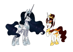 Size: 2039x1446 | Tagged: safe, artist:the-75th-hunger-game, princess celestia, princess luna, alicorn, pony, g4, accessory, alternate universe, crown, cutie mark swap, eyeshadow, jewelry, lipstick, makeup, regalia, role reversal, simple background, swapped cutie marks, transparent background