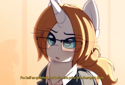 Size: 1125x763 | Tagged: safe, artist:shinodage, oc, oc only, oc:diamond gavel, pony, unicorn, breaking bad, dialogue, eye clipping through hair, female, glasses, lawyer, mare, reference, solo, subtitles