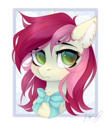 Size: 1200x1380 | Tagged: safe, artist:vird-gi, roseluck, earth pony, pony, g4, abstract background, bowtie, bust, cheek fluff, chest fluff, colored pupils, cute, ear fluff, female, fluffy, mare, portrait, rosabetes, signature, solo