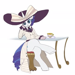 Size: 2048x2048 | Tagged: safe, artist:hosikawa, rarity, pony, unicorn, g4, ppov, bow, clothes, coat, crossed legs, cup, cute, ear piercing, earring, female, hat, high res, jewelry, looking at you, mare, piercing, raribetes, raristocrat, rose dewitt bukater, seat, simple background, sitting, solo, table, teacup, titanic, white background, wip